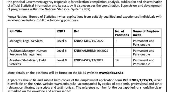 Apply for KNBS Advertised Permanent and Pensionable Jobs