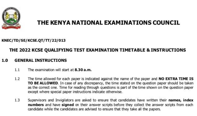 KNEC Releases New KCSE 2022 Qualifying Test Examination Timetable & Instructions (PDF)